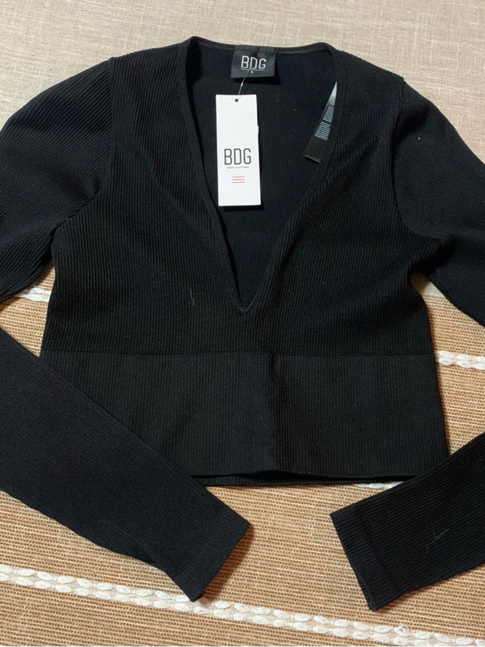 BDG Black Ribbed Long-Sleeve Crop V-Neck Top
